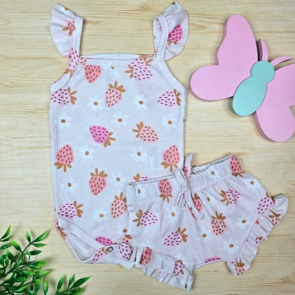 Conjunto para Bebê Menina Body e Shorts Babado Canelado- Rosa Morango