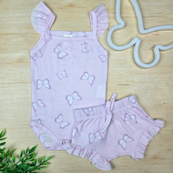 Conjunto para Bebê Menina Body e Shorts Babado Canelado- Lilás Borboleta