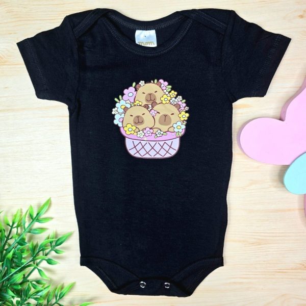 Body Curto para Bebê Menina Preto Capivara/Flores