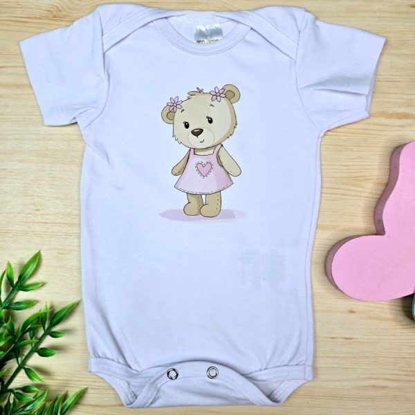 Body Curto para Bebê Menina Branco- Ursinha com Coração
