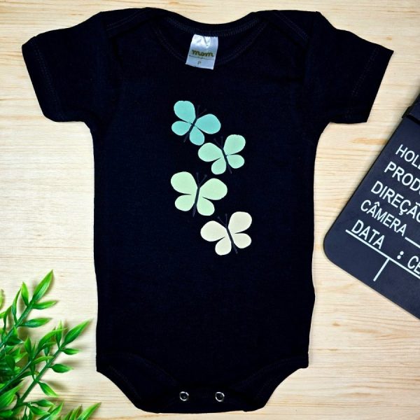 Body Curto para Bebê Menina Preto Borboletas
