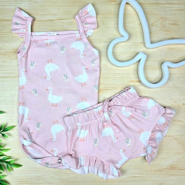 Conjunto para Bebê Menina Body e Shorts Babado Canelado- Rosa Cisne