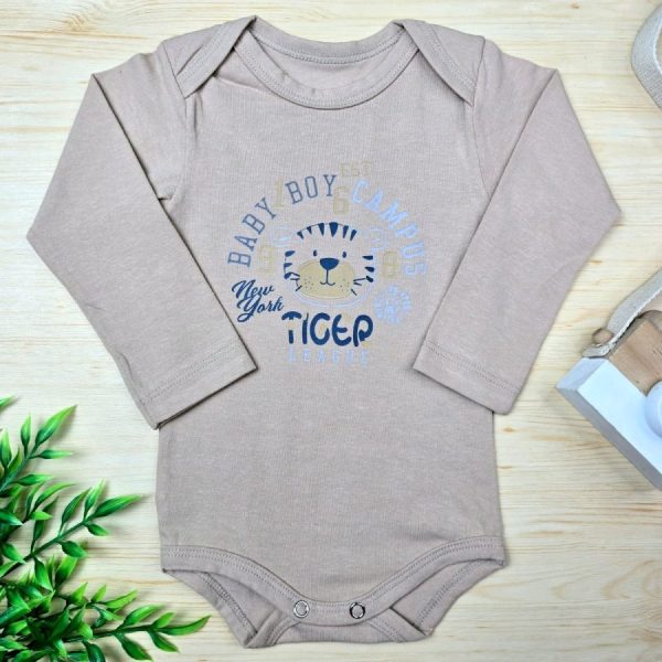Body para Bebê Manga Longa Menino Bege - Tigre