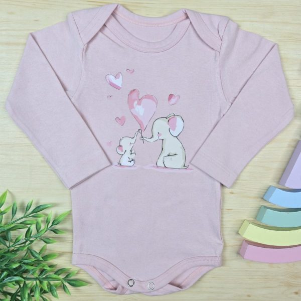 Body Para Bebê Menina Manga Longa Rosa Bebê -Elefantes