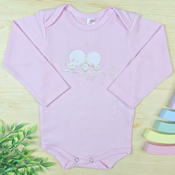 Body Para Bebê Menina Manga Longa Rosa Bebê-Passarinhos