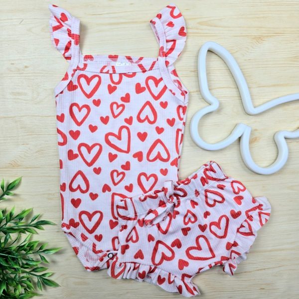 Conjunto para Bebê Menina Body e Shorts Babado Canelado-Coração Love