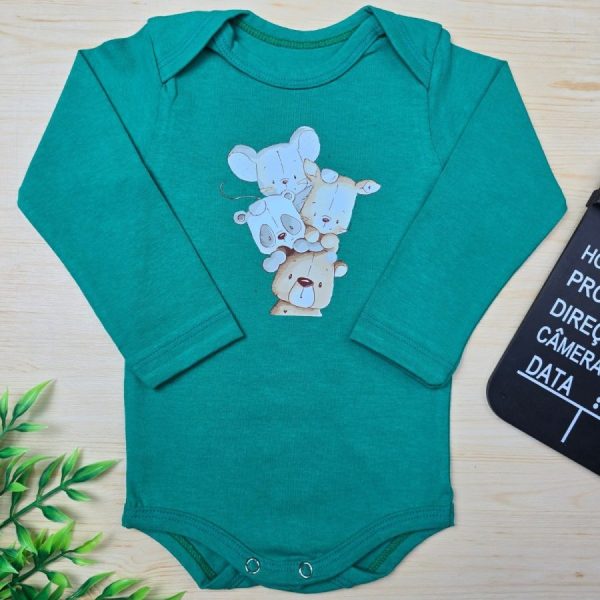 Body Para Bebê Menino Manga Longa Verde-Bichinhos