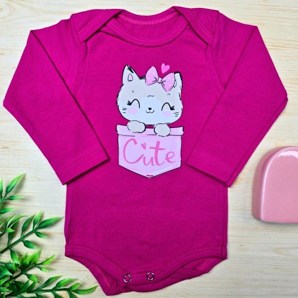 Body Para Bebê Menina Manga Longa Rosa-Gatinha Cute