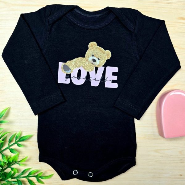 Body Para Bebê Menina Manga Longa Preto-Ursinha Love