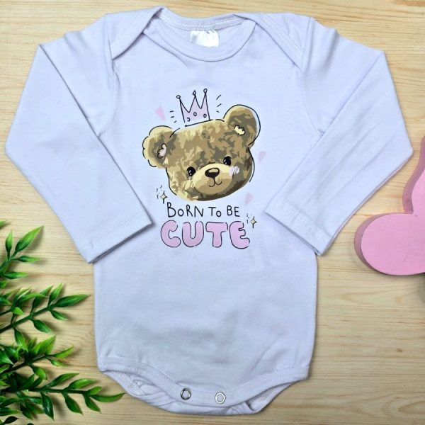 Body Para Bebê Menina Manga Longa Branco-Ursinha Cute Rosto