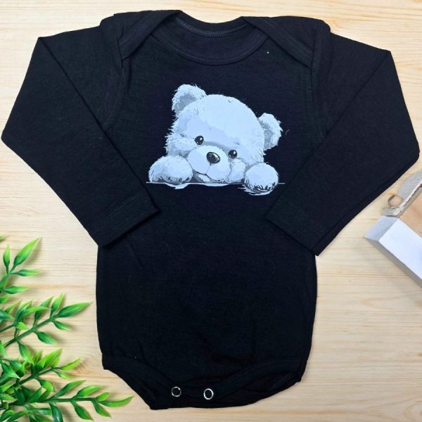 Body Para Bebê Manga Longa Preto-Ursinho
