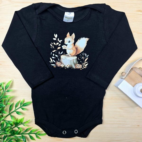 Body Para Bebê Menina Manga Longa Preto-Esquilo/Flor