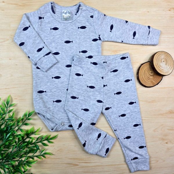 Conjunto Bebê Menino Pijama Pagão Ribana Premium-Cinza Peixinho