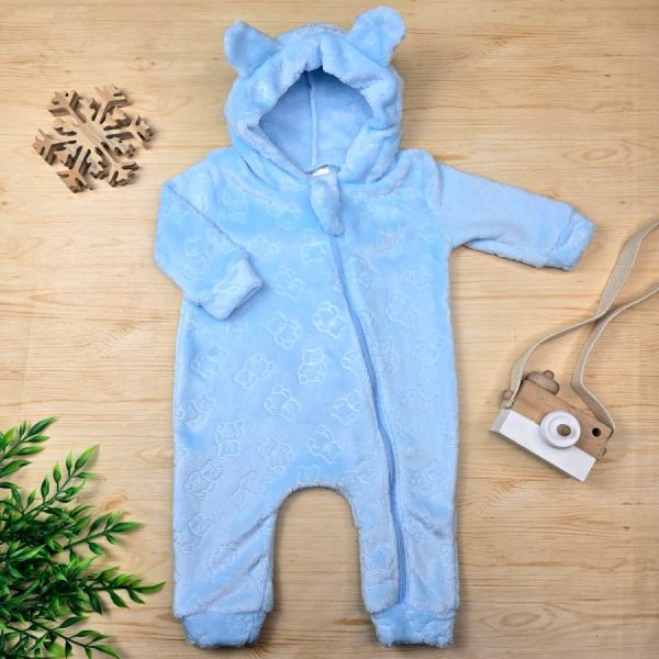 Macacão Bebê Menino Capuz Orelhinha Fleece Ursinho-Azul