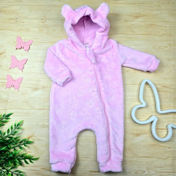 Macacão Bebê Menina Capuz Orelhinha Fleece Ursinha-Rosa