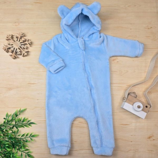Macacão Bebê Menino Capuz Orelhinha Fleece-Azul