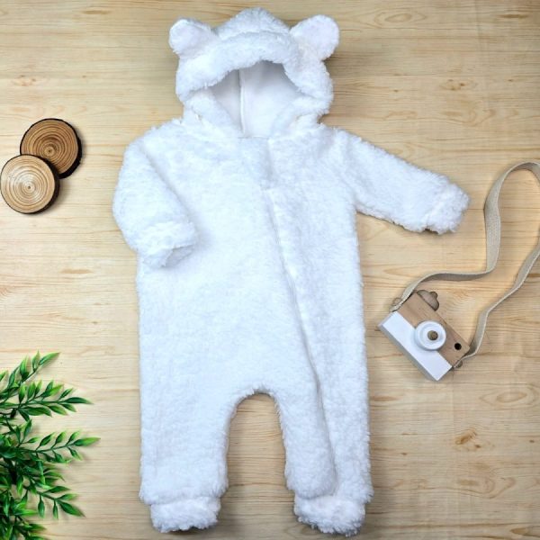 Macacão Bebê Capuz Orelhinha Sherpa-Branco