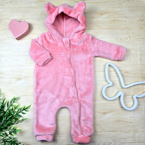 Macacão Bebê Menina Capuz Orelhinha Fleece-Rosê