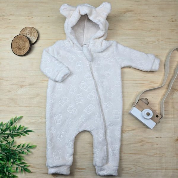 Macacão Bebê Capuz Orelhinha Fleece Ursinho-Off