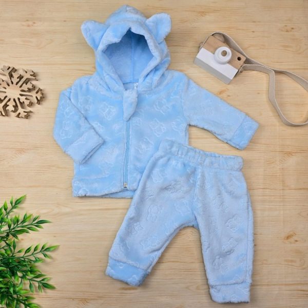 Conjunto Bebê Menino Capuz Orelhinha Fleece Ursinho-Azul