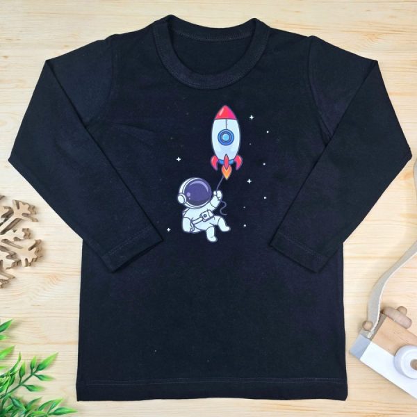 Camiseta Longa Infantil Estampada Preta - Foguete
