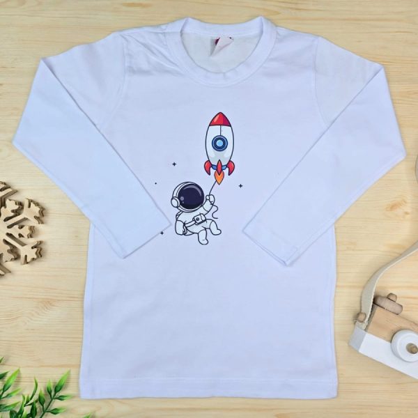 Camiseta Longa Infantil Estampada Branco Foguete