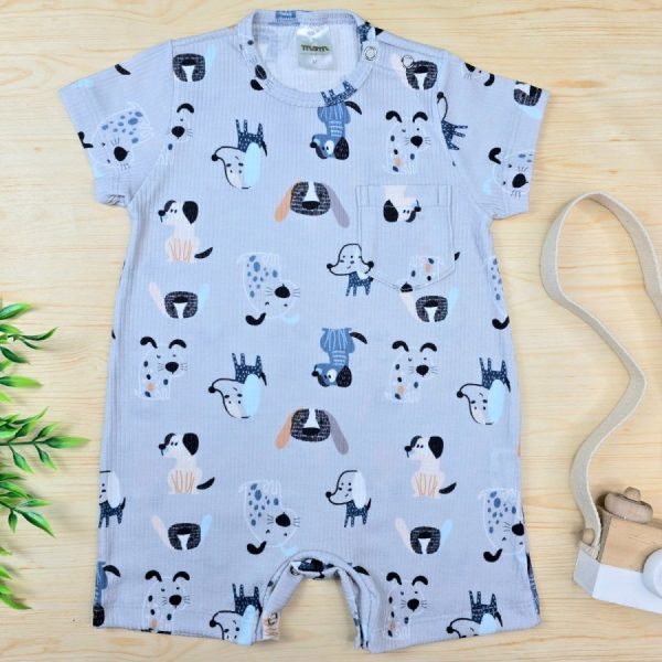 Macacão Curto Bebê Menino Manga Curta Canelado - Azul Dog