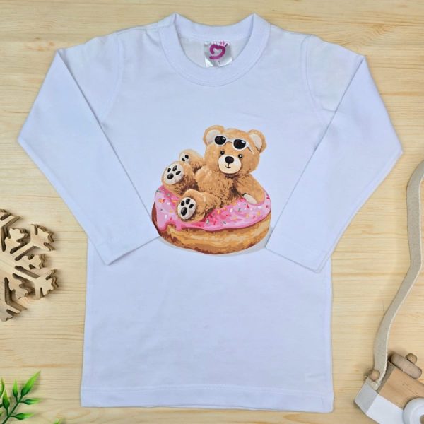 Camiseta Longa Infantil Estampada Branca - Ursinha Cupcake