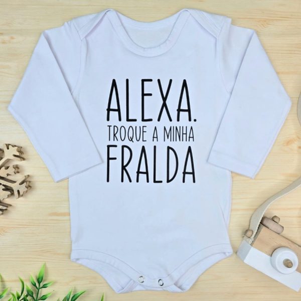 Body Para Bebê Manga Longa Branco-Alexa Troque a Minha Fralda
