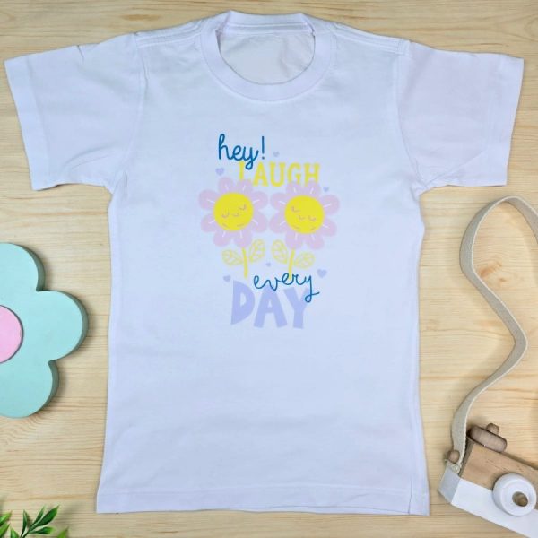 Camiseta Curta Infantil de Menina em 100% Algodão -Branca Flores