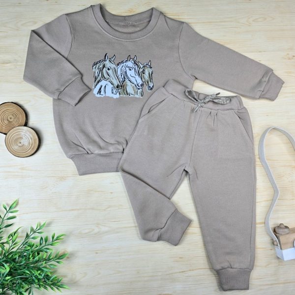 Conjunto Moletom Infantil Menino Bege- Cavalos