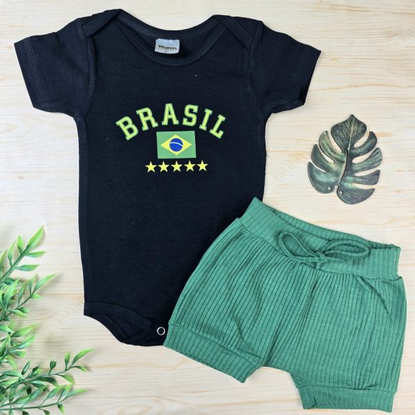 Conjunto bebê body curto e shorts Verde - Brasil