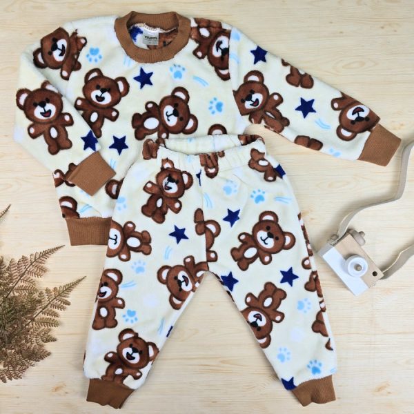 Conjunto Fleece Pijama Infantil Menino Off/Marrom - Urso