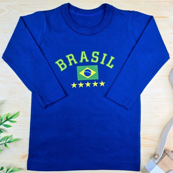 Camiseta Longa Infantil Estampada Azul- Brasil