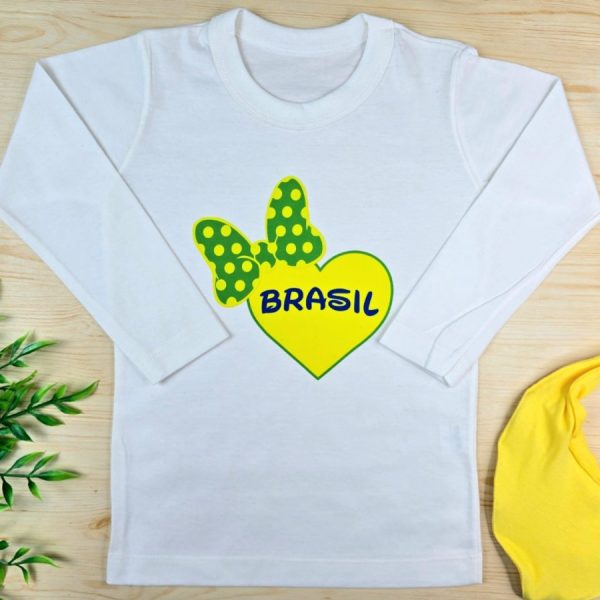 Camiseta Longa Infantil Menina Estampada-Laço Coração Brasil