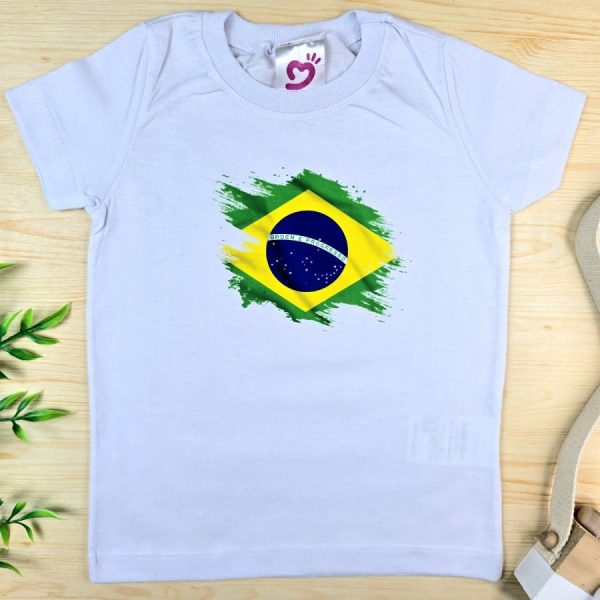 Camiseta Curta Infantil 100% Algodão-Bandeira Brasil