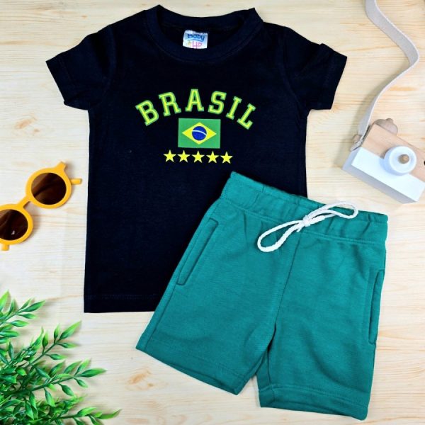 Conjunto Infantil Menino Camiseta e Bermuda Moletinho- Brasil
