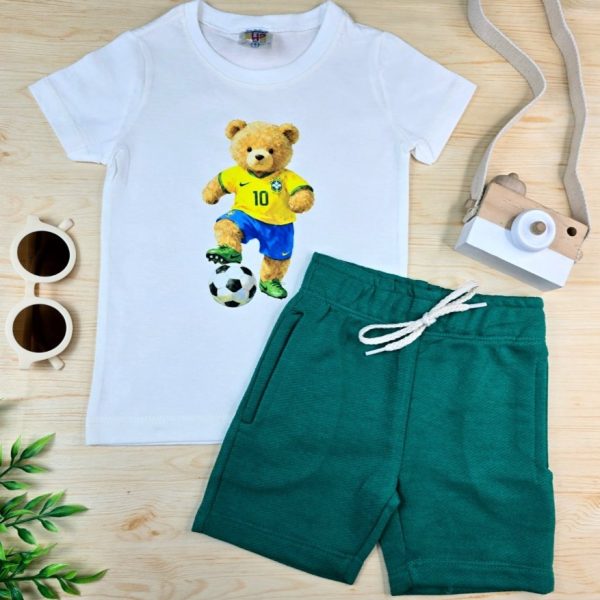 Conjunto Infantil Menino Camiseta e Bermuda Moletinho- Ursinho Futebol Brasil
