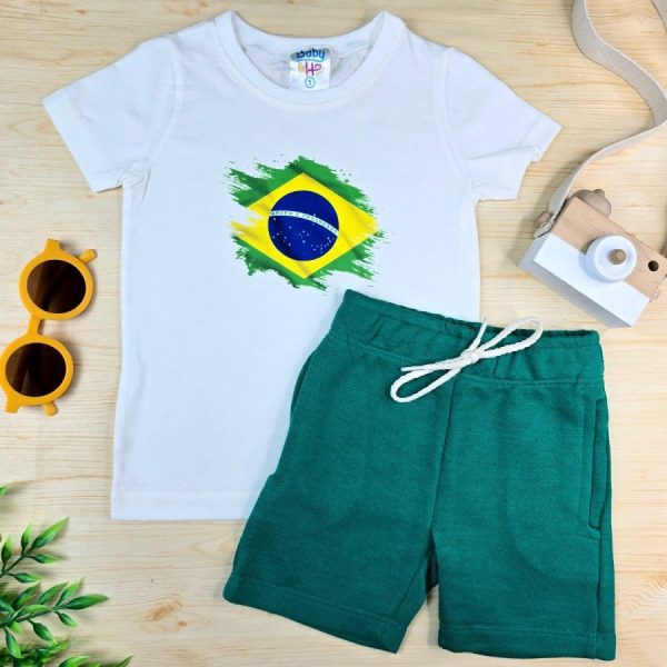 Conjunto Infantil Menino Camiseta e Bermuda Moletinho- Bandeira do Brasil