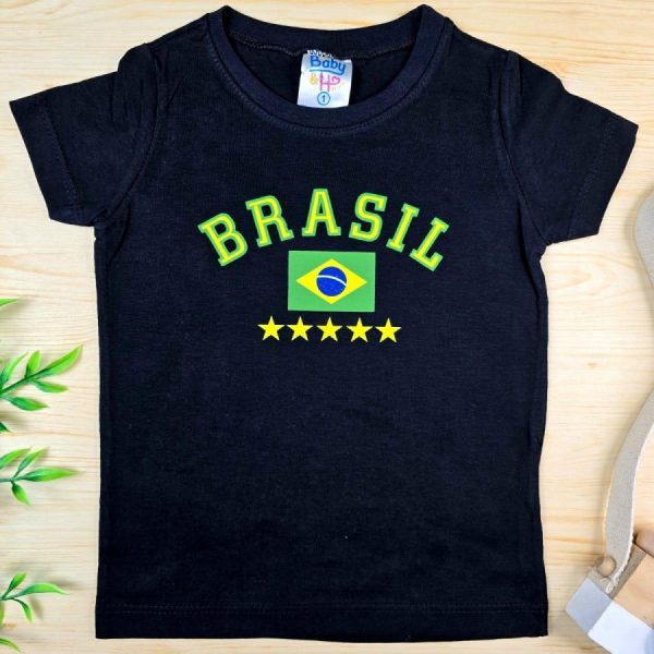 Camiseta Curta Infantil 100% Algodão Preto-Brasil