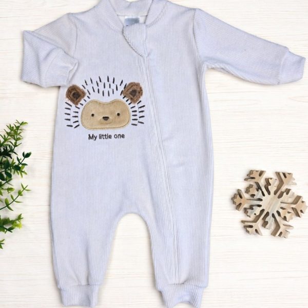 Macacão Bebê Menino Veludo Canelado Bordado Bege - Porco Espinho