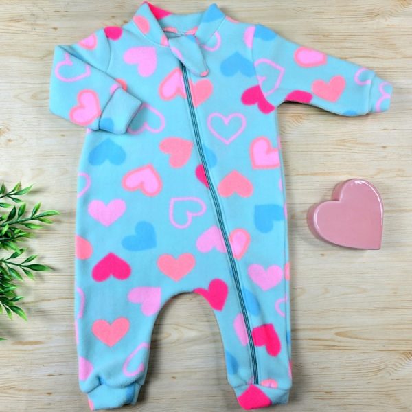 Macacão Soft Pijama Bebê Menina - Verde Água Corações