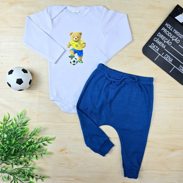 Conjunto Bebê body longo e calça Azul- Urso Jogador