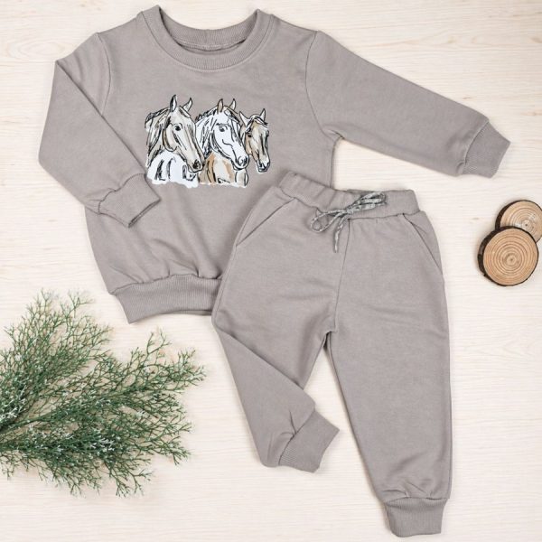 Conjunto Moletom Infantil Menino Bege- Cavalos