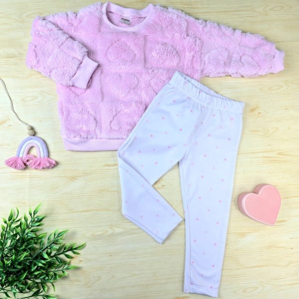 Conjunto Infantil Menina Casaco Sherpa Relevo e Legging Térmica- Rosa Coração e Branco Poá