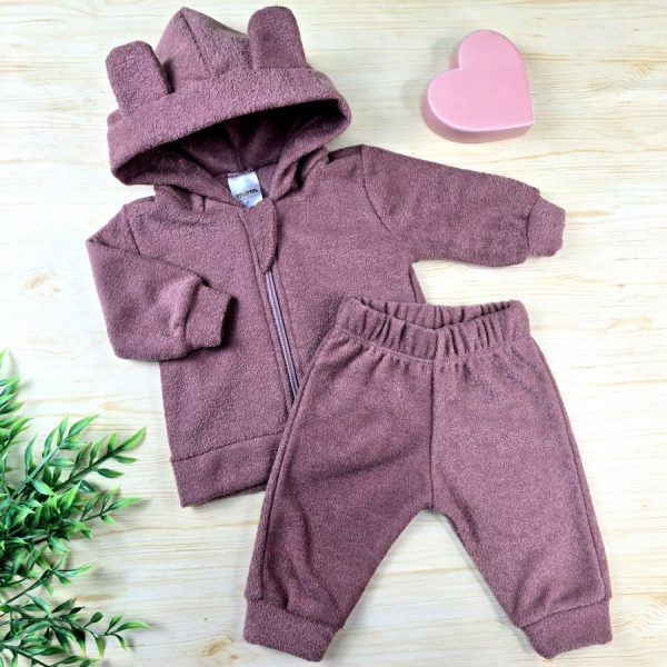 Conjunto Bebê Menina Capuz Orelhinha Bouclê -Rosa Queimado