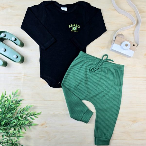 Conjunto Bebê body longo e calça Verde - Brasil