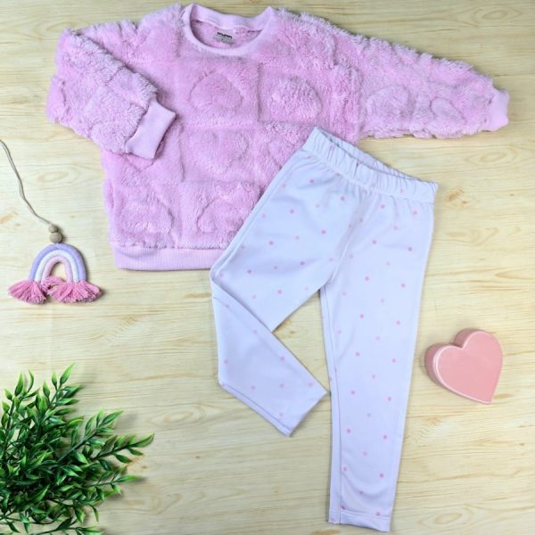 Conjunto Infantil Menina Casaco Sherpa Relevo e Legging Térmica- Rosa Coração e Branco Poá