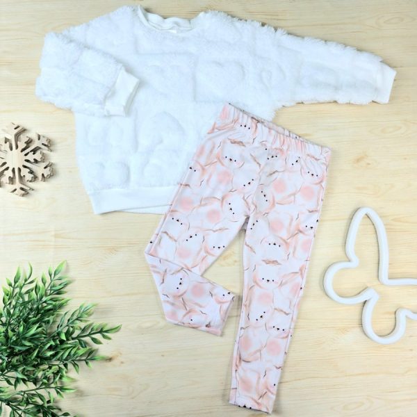Conjunto Infantil Menina Casaco Sherpa Relevo e Legging Térmica-Corações Branco e Rosa Ursinhos