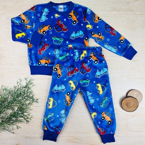 Conjunto Fleece Pijama Infantil Menino Azul Royal - Carrinhos